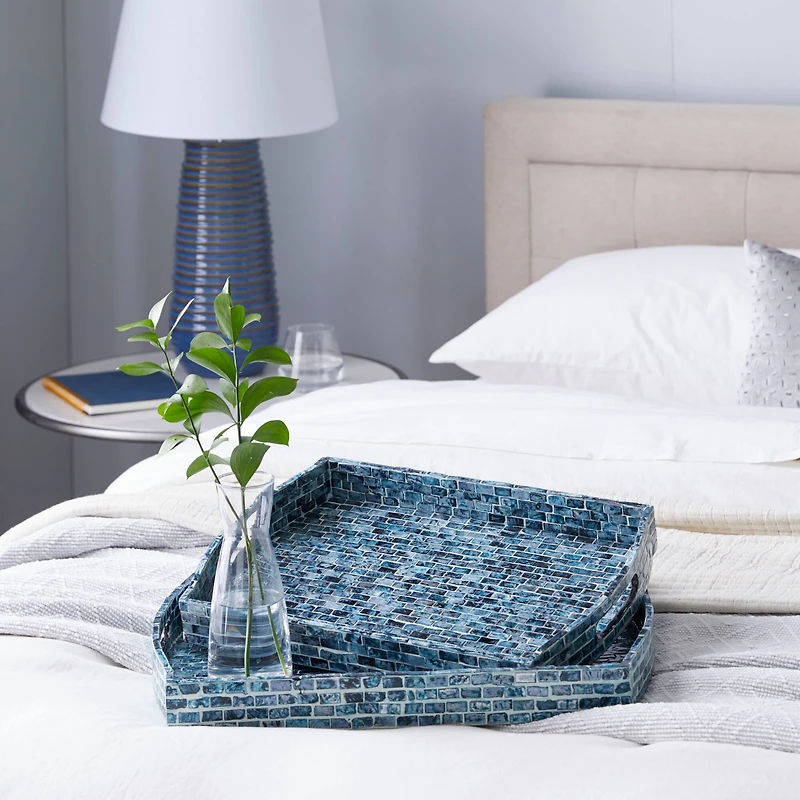 Blue Wood Coastal Tray Set