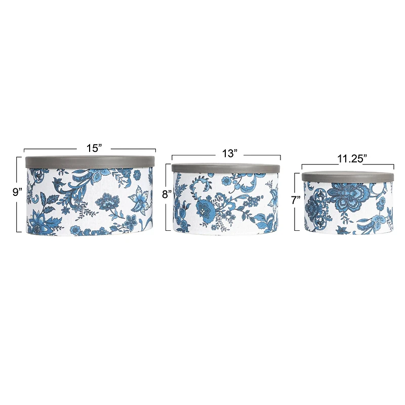 Household Essentials Cream & Blue Floral Nesting Hat Box Set with Faux Leather Lids