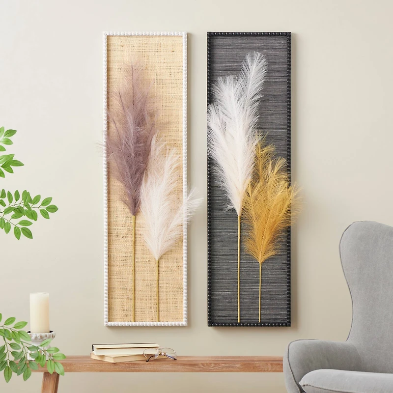 Brown Wood Leaf Handmade 3D Pampas Stem Wall Decor with Beaded Frame, Set of 2