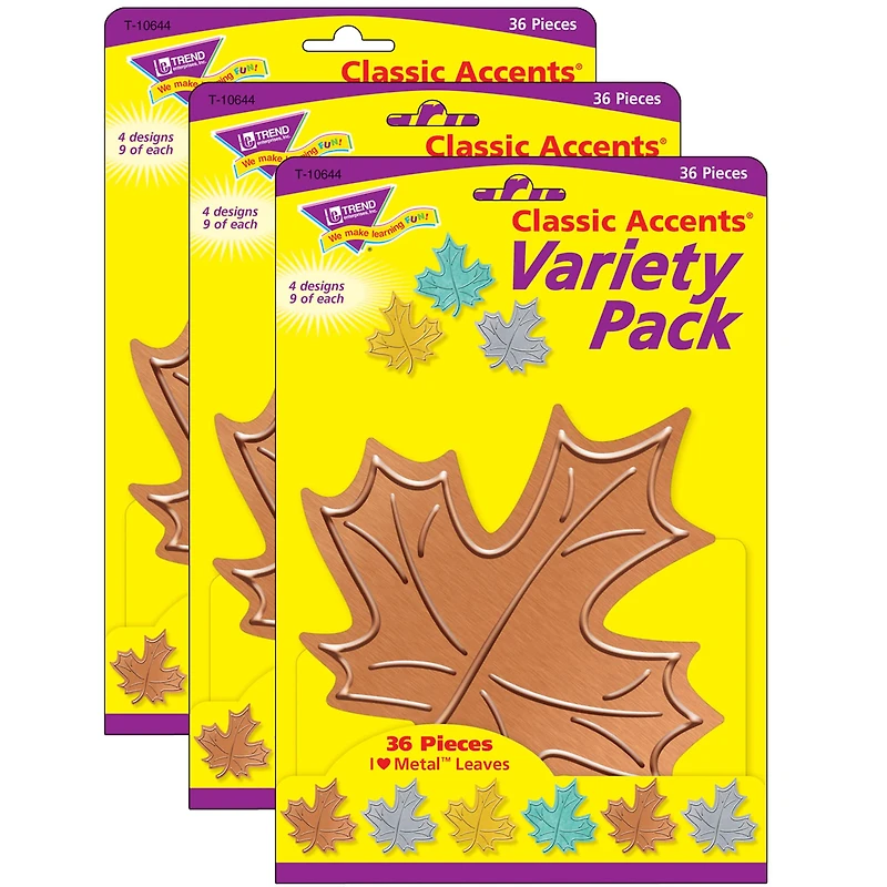 Trend Enterprises® I Heart Metal Leaves Classic Accents® Variety Pack, 3 Packs of 36