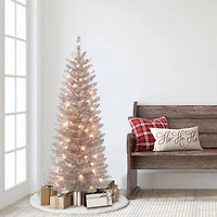 4.5ft. Pre-Lit Rose Gold Tinsel Artificial Christmas Tree, Clear Lights