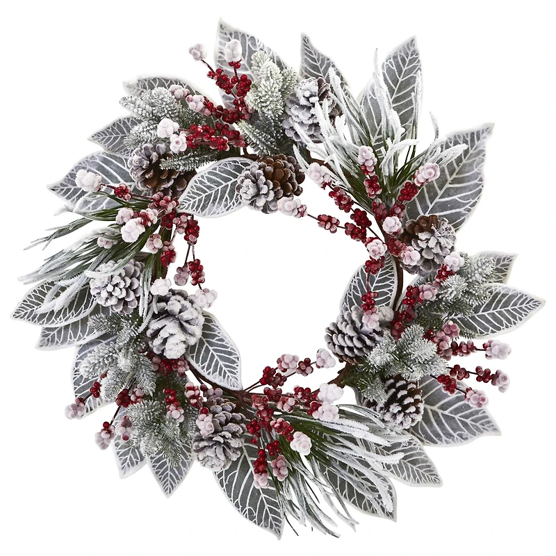 24" Snowy Magnolia Berry Wreath