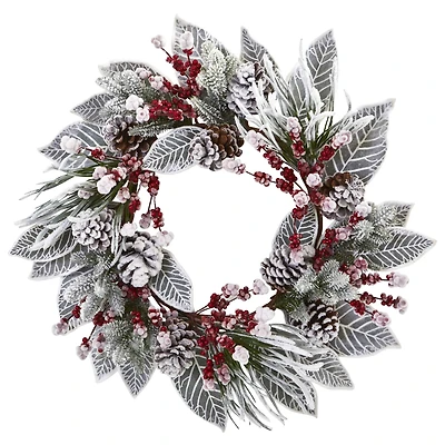 24" Snowy Magnolia Berry Wreath