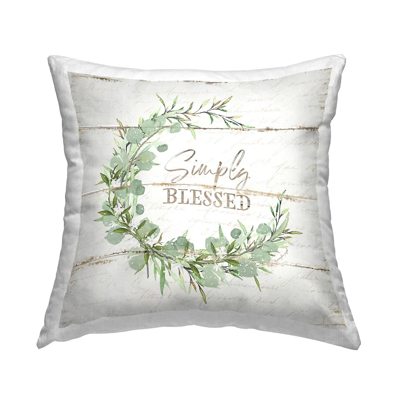 Stupell Industries Simply Blessed Distressed Styling Botanical Wreath Throw Pillow, 18" x 18"