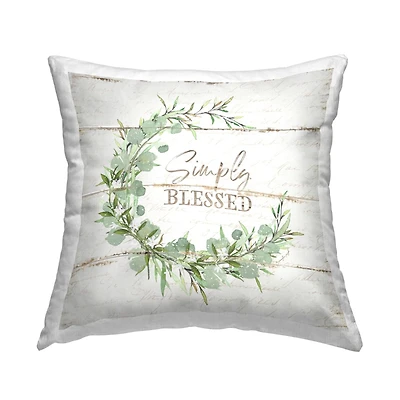 Stupell Industries Simply Blessed Distressed Styling Botanical Wreath Throw Pillow, 18" x 18"