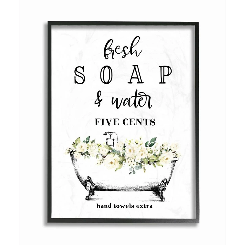 Stupell Industries Fresh Soap & Water Bath Tub Bathroom Design Black Framed Wall Art