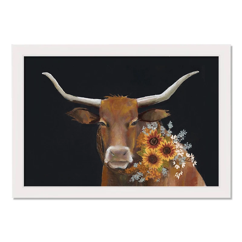 Longhorn With Sunflowers 31.63" x 21.63" White Framed Canvas