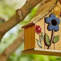 Glitzhome® 10.5" Yellow Distressed Wood Birdhouse with Flowers