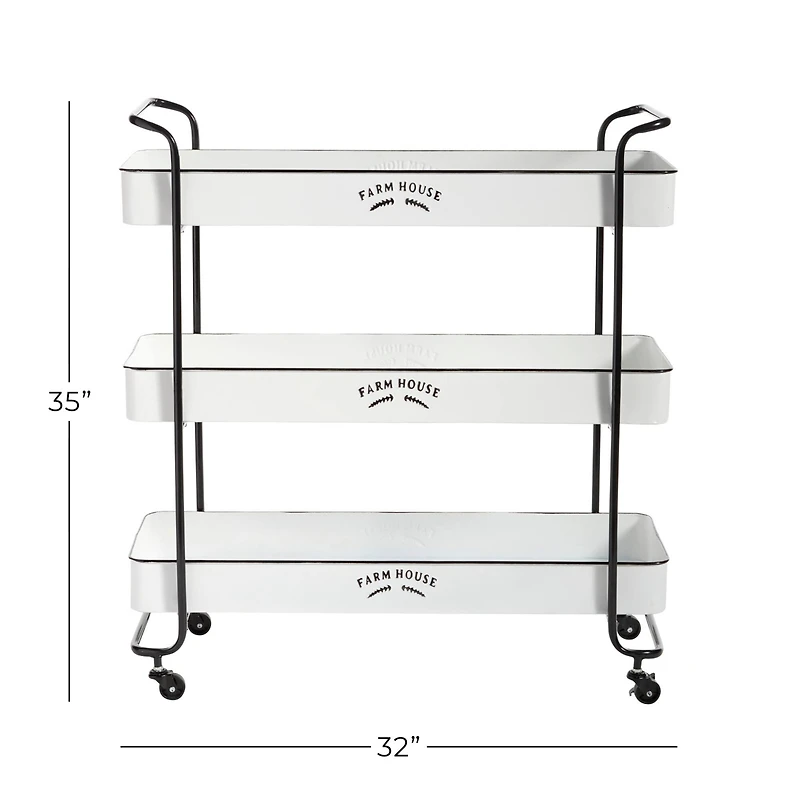 35" White Metal Farmhouse Storage Rolling Cart