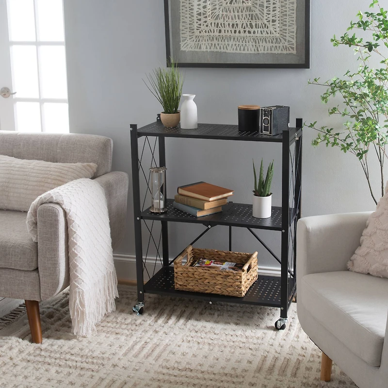 Organize It All Black -Tier Foldable Metal Rack with Wheels