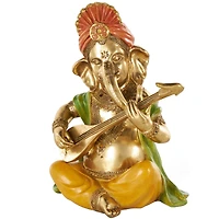 10.75" Gold Ganesh Musician Decorative Sculpture with Green, Yellow, and Red Accents