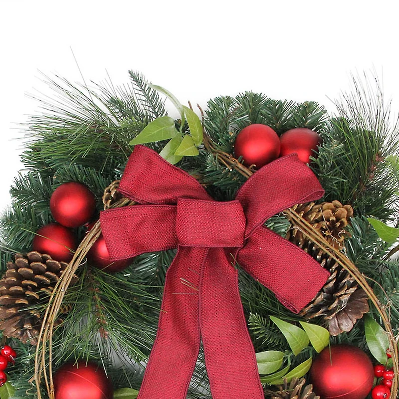 24" Red Ball Ornaments & Pinecones Artificial Pine Wreath