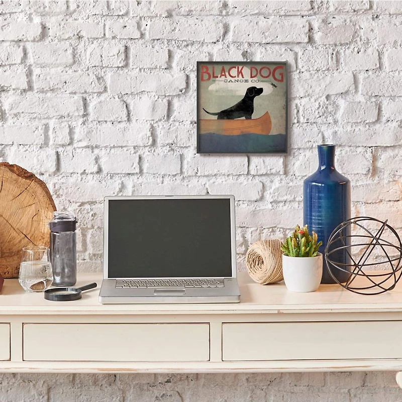 Stupell Industries Black Dog Canoe Company Pet Boating Lake Sports Black Framed Wall Art