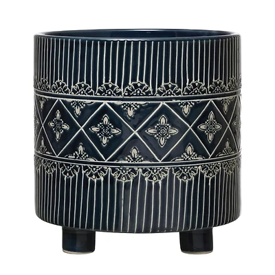 Hello Honey® 11" Blue & White Debossed Stoneware Footed Planter