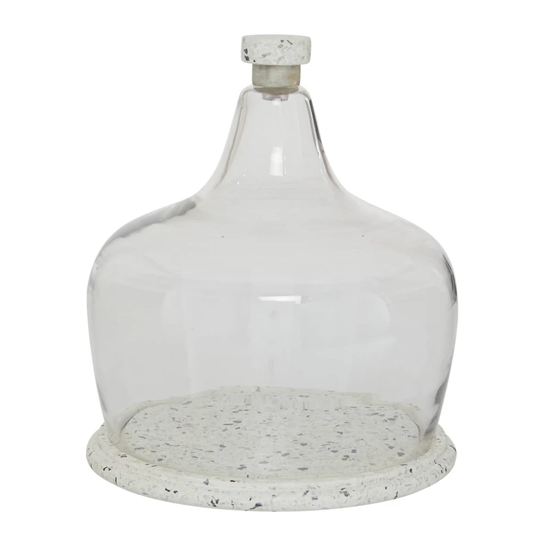 White Stoneware and Glass Contemporary Cake Stand with Cloche, 11" x 9" x 9"