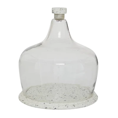 White Stoneware and Glass Contemporary Cake Stand with Cloche, 11" x 9" x 9"