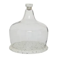 White Stoneware and Glass Contemporary Cake Stand with Cloche, 11" x 9" x 9"