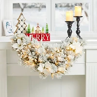 Glitzhome® 36" Pre-Lit Flocked Greenery Pine White Poinsettia & Berry Christmas Swag with Timer