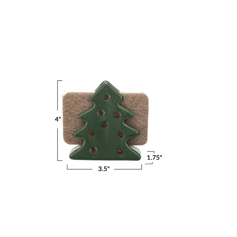 Hello Honey® 4" Green & Brown Stoneware Christmas Tree Shaped Sponge Holders with Sponge & Reactive Glaze, 2ct.