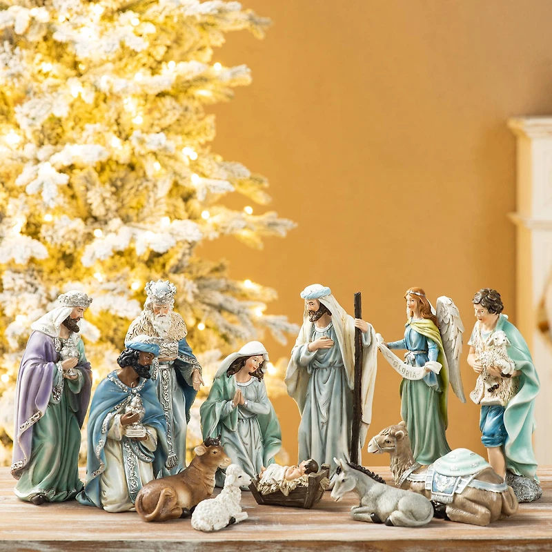 Glitzhome® 12 Piece Deluxe Blue Nativity Figurine Set