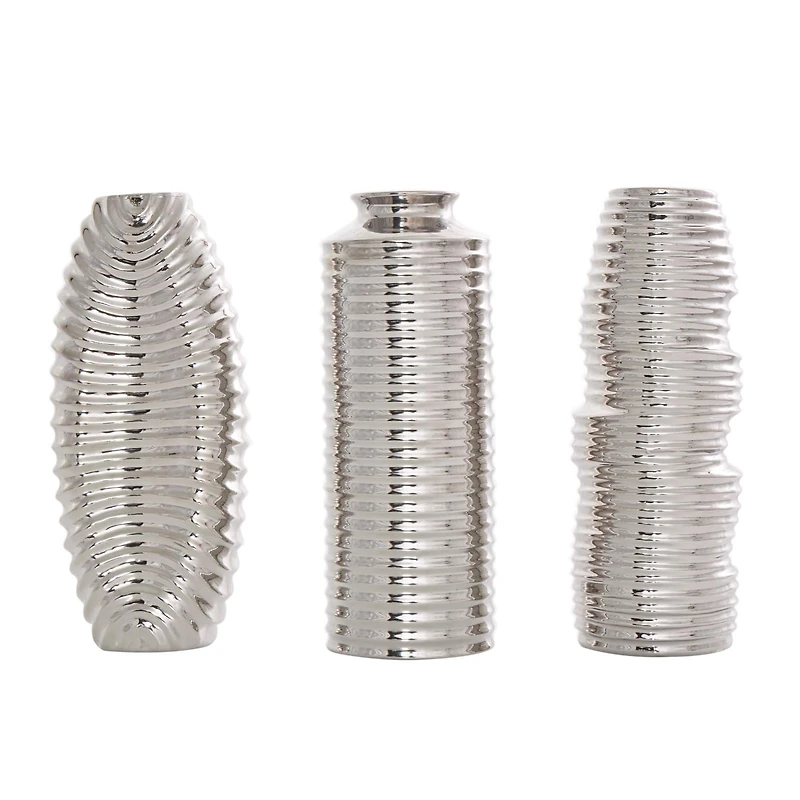 Silver Ceramic Dimensional Ribbed Vase Set