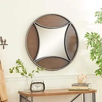 32" Brown Wood Industrial Round Wall Mirror