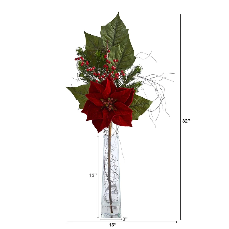 32" Poinsettia, Berries & Pine Arrangement in Glass Vase