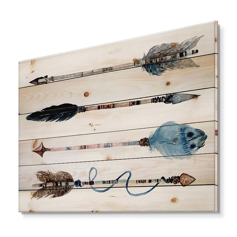 Designart - Ethnic Feathers and Flowers On Native Arrows IV - Bohemian & Eclectic Print on Natural Pine Wood