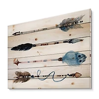 Designart - Ethnic Feathers and Flowers On Native Arrows IV - Bohemian & Eclectic Print on Natural Pine Wood