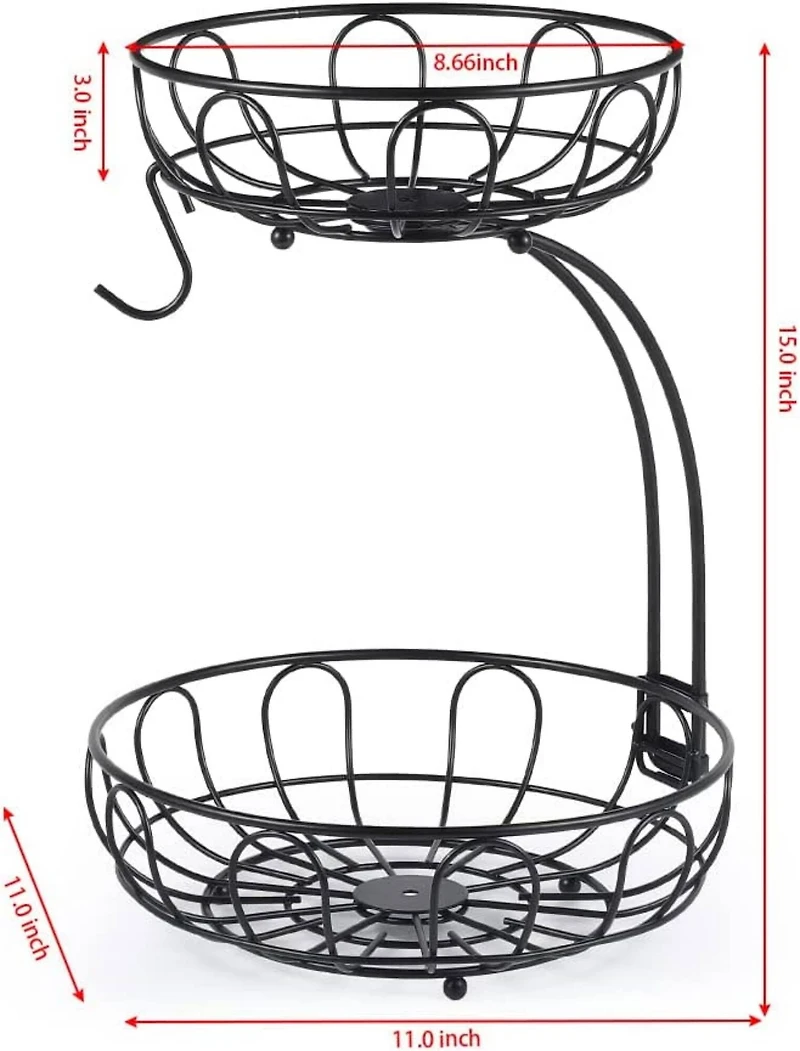 NEX™ 15" Black 2 Tier Fruit Basket Storage Holder with Banana Hanger