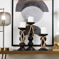 Black Wood Handmade Bubble Inspired Matte Candle Holder with Beaded Garland Set