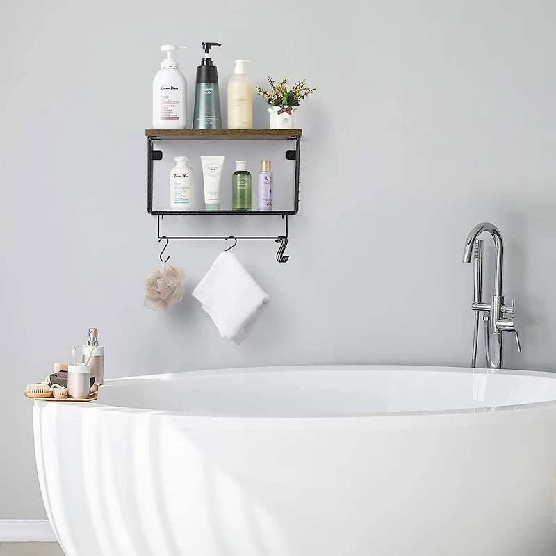 Wood & Metal Wall Mounted Bathroom Towel Rack with 6 Hooks