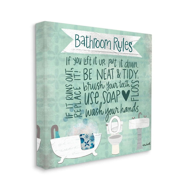 Stupell Industries Aqua Blue Bathroom Rules Collage Look Typography Canvas Wall Art