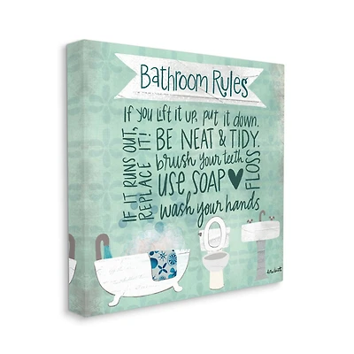 Stupell Industries Aqua Blue Bathroom Rules Collage Look Typography Canvas Wall Art