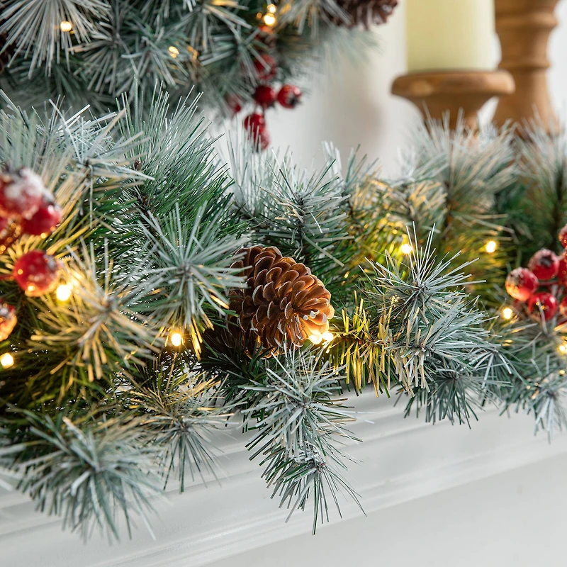 Glitzhome® 2 Pack 9ft. Pre-Lit Greenery Pinecones & Red Berries Christmas Garland
