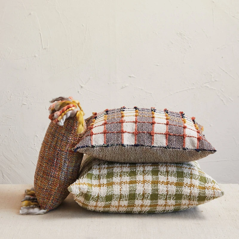 Hello Honey® 20" x 20" Cream, Green & Yellow Plaid Woven Cotton Pillow