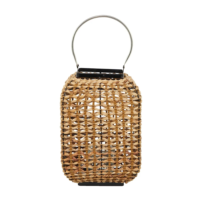 The Novogratz 16" Brown Dried Plant Handmade Candle Lantern with Glass Holder and Handle