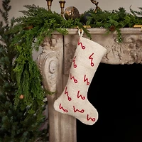 Hello Honey® 20" Natural White & Red Woven Cotton Stocking with Embroidered Ho Ho Ho Pattern