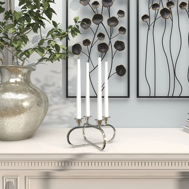 8" Silver Stainless Steel Overlapping Oval Geometric Candelabra