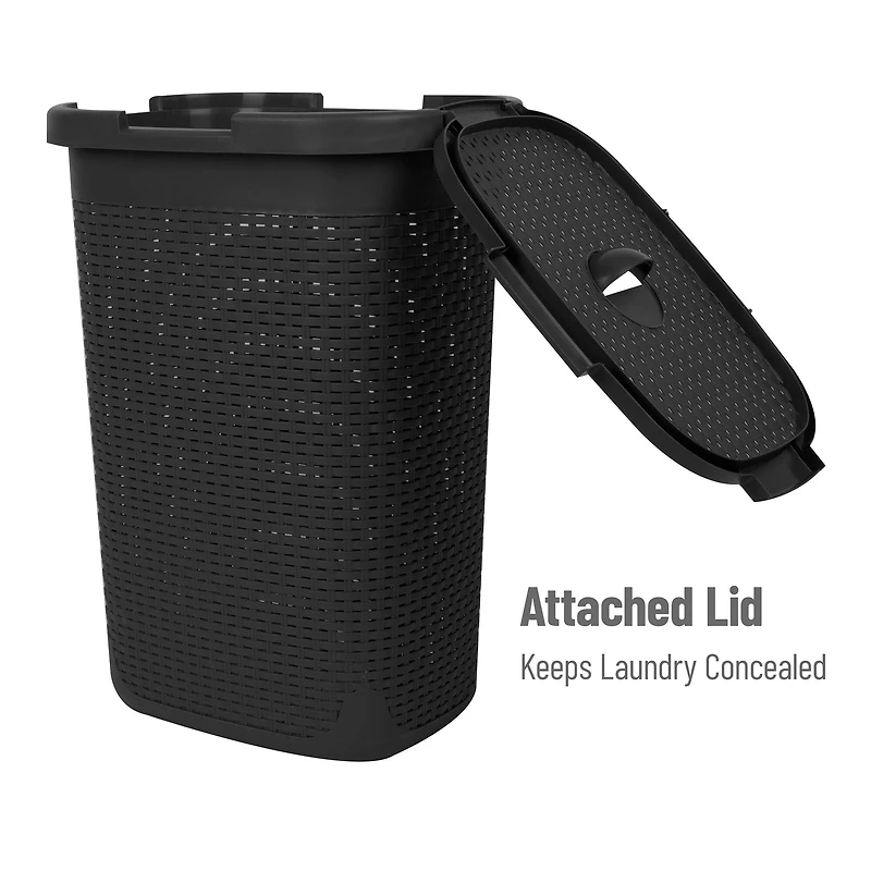 Mind Reader 60L Ventilated Slim Laundry Hamper with Cut Out Handles & Attached Hinged Lid