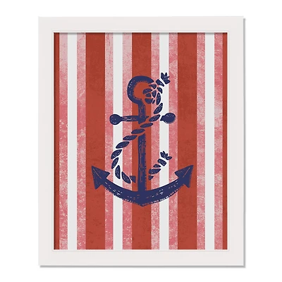 Red Stripes & Blue Anchor White Framed Nautical Wall Décor