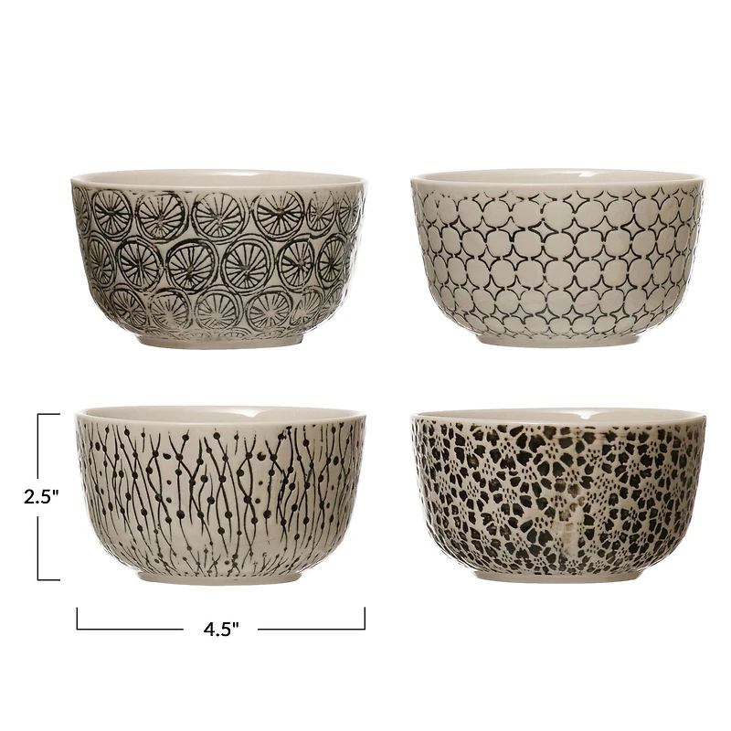 Hello Honey® 4.5" Black & Cream Hand-Stamped Stoneware Bowl with Embossed Pattern, 4ct.