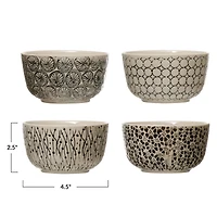 Hello Honey® 4.5" Black & Cream Hand-Stamped Stoneware Bowl with Embossed Pattern, 4ct.