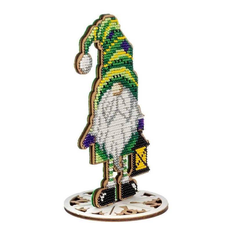 Wonderland Crafts Green Gnome with Lantern Bead Embroidery on Wood Kit