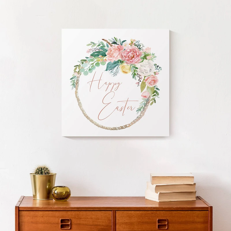Happy Easter Floral Wreath 16" x 16" Canvas Wall Art