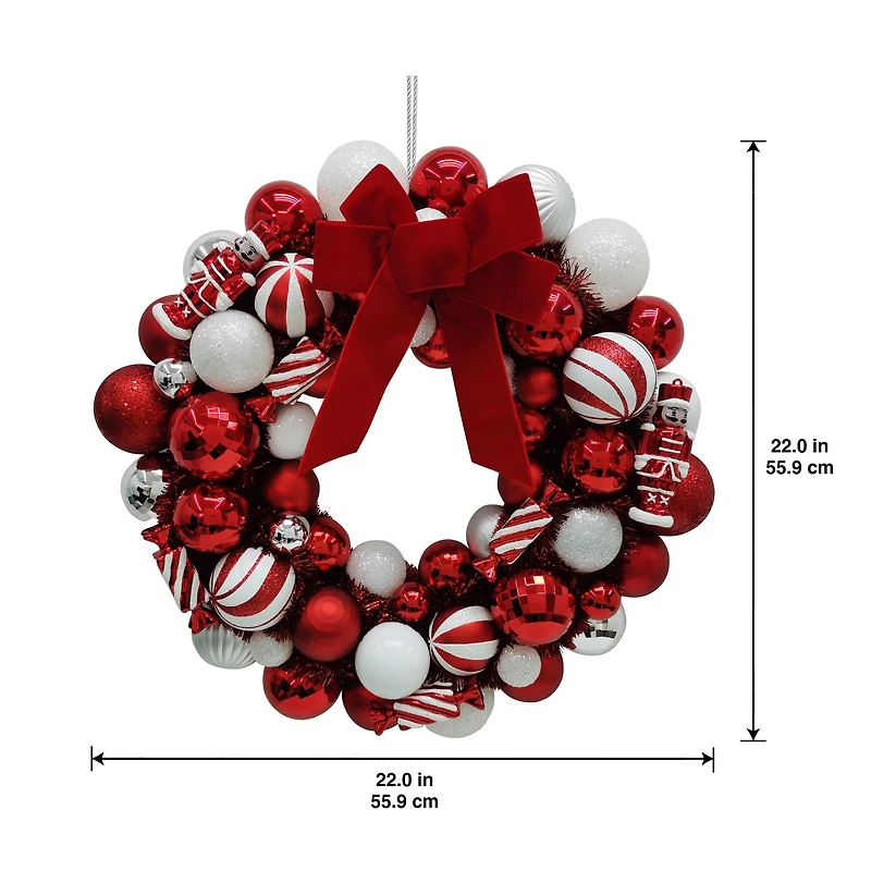 21"  Red & White Shatterproof Ornament Wreath with Bow by Ashland®