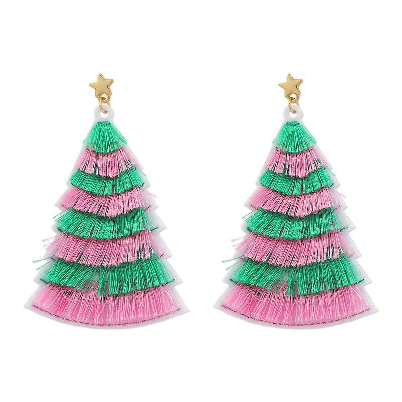 Green & Pink Tassel Tree Earrings by Celebrate It™