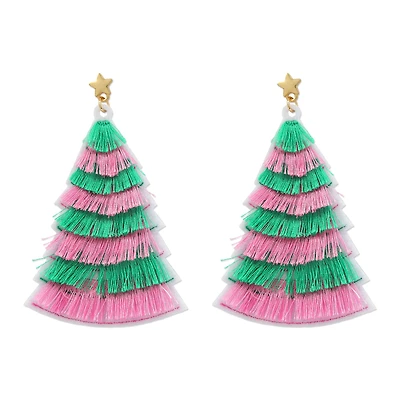 Green & Pink Tassel Tree Earrings by Celebrate It™