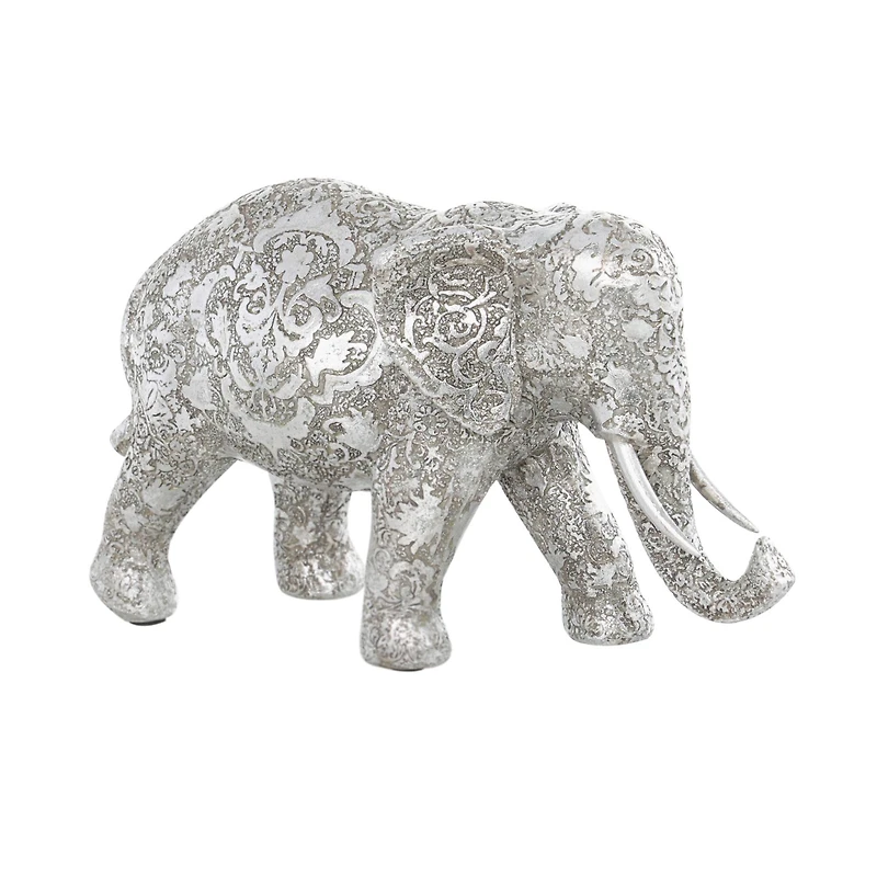 7" Silver Elephant Engraved Floral Sculpture