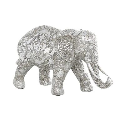 7" Silver Elephant Engraved Floral Sculpture